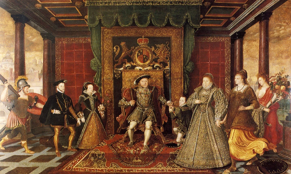 VIII. Henrik a trónon családja körében, Edward, Mária és Erzsébet trónörökös gyermekeivel