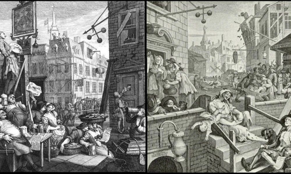 William Hogarth angol festőművész 1751-ben készült rézmetszeteivel, a Sör utca és a Gin köz című alkotásokkal a sörfogyasztásra való áttérésre igyekezett ösztönözni az angolokat