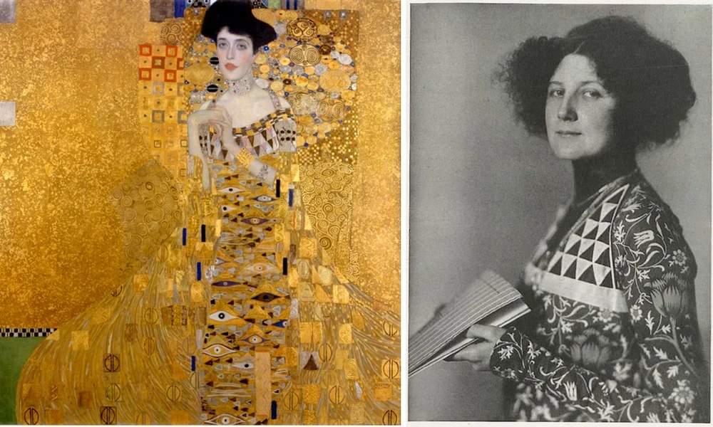Adele-Bloch Bauer I című festmény és Emilie Flöge a portré alanya által viselt ruhához hasonó öltözékben