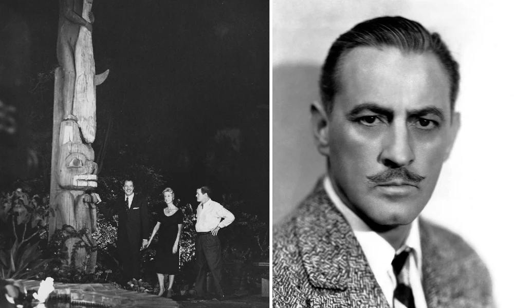 Bal oldalon Vincent Price horrorfilmsztár feleségével és egyik ismerősükkel pózolnak a totemoszlop előtt, a jobb oldali képen John Barrymore látható