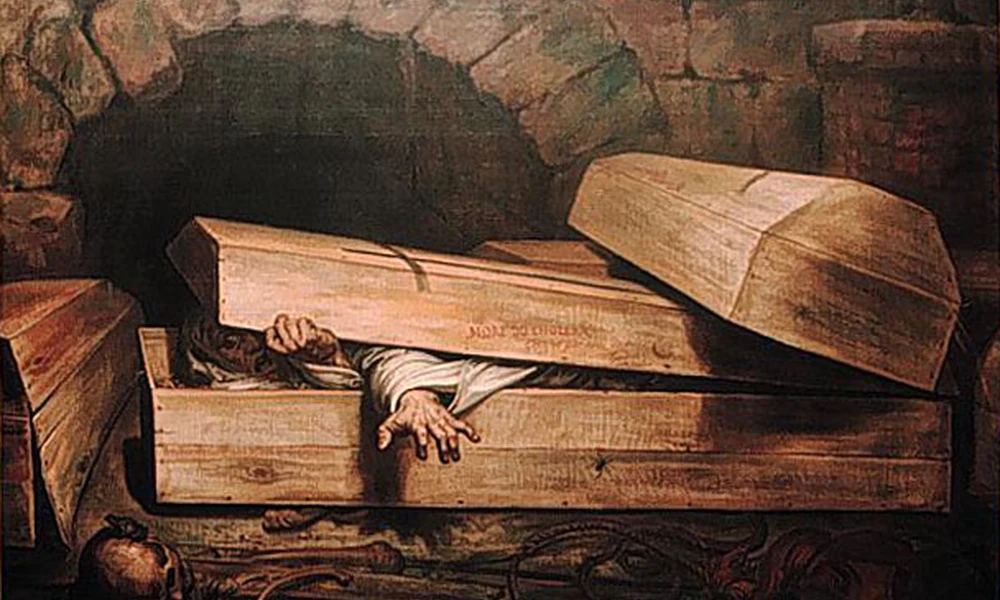 Antoine Wiertz L'Inhumation précipitée című 1854-es képe, amelyen egy kolerában elhunyt férfi kel ki a sírjából