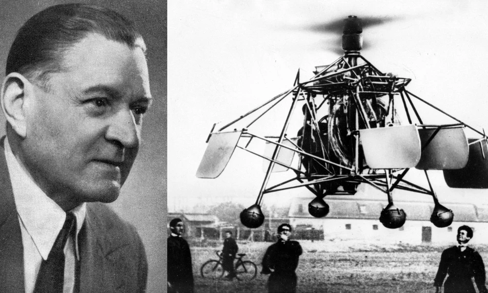 Asbóth Oszkár A.H.4 jelű szerkezetének egyik változata működés közben. A kép erősen retusált – kitörölték a helikoptert stabilizáló köteleket a mellette álló személyek kezéből.