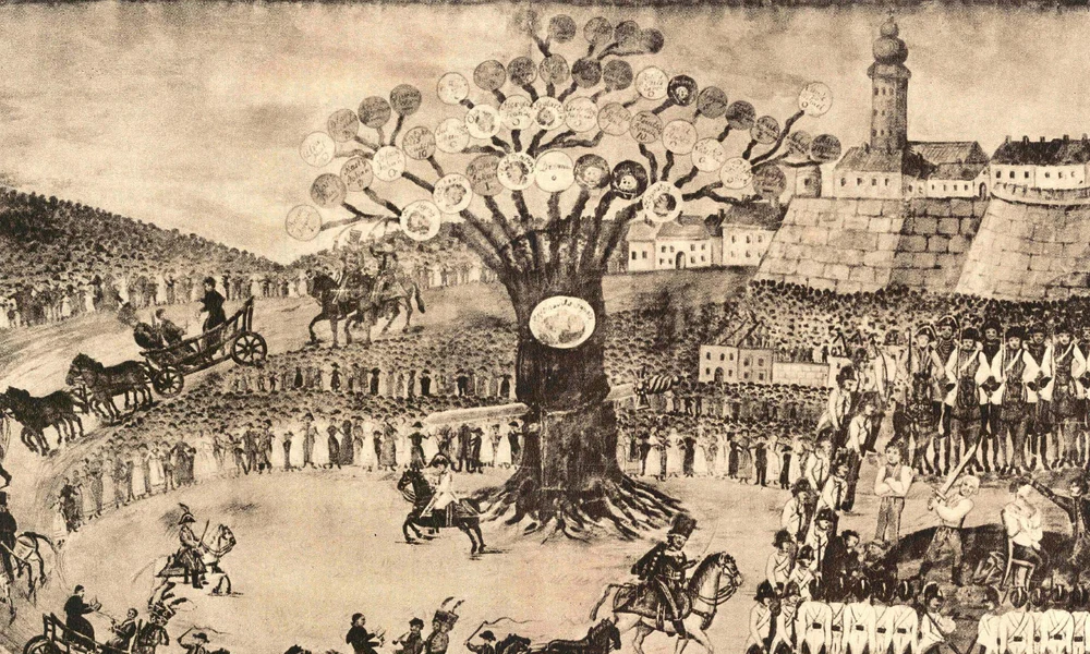 Martinovics és társai kivégzése a Vérmezőn. Egykori szemtanú vízfestménye, 1795. május 20.