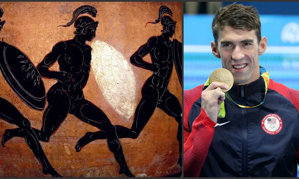 Ókori fegyveres futás résztvevői és Michael Phelps