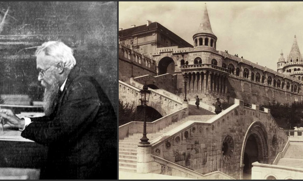 Balra: Schulek Frigyes íróasztalánál. Jobbra:  Schulek lépcső, balra fent az egykori Jezsuita Akadémia, ma a Hilton szálló van a helyén. A felvétel 1902 után készült (Fortepan / Budapest Főváros Levéltára. Levéltári jelzet: HU.BFL.XV.1