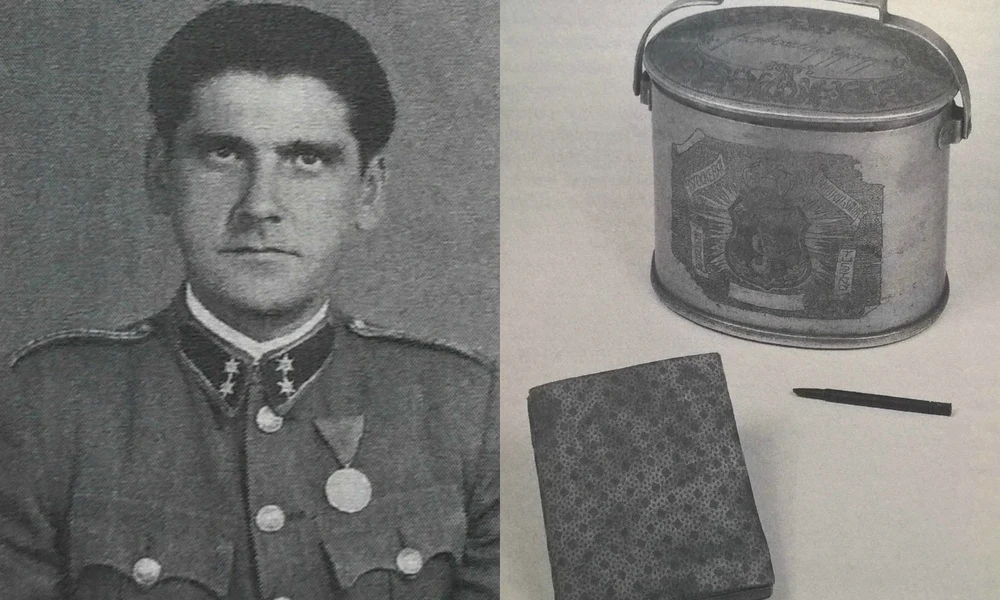 Szoboszlay György, a 6. könyv, valamint az általa készített és díszített csajka (Forrás: Gyorsan haza! Szkoro damoj!)