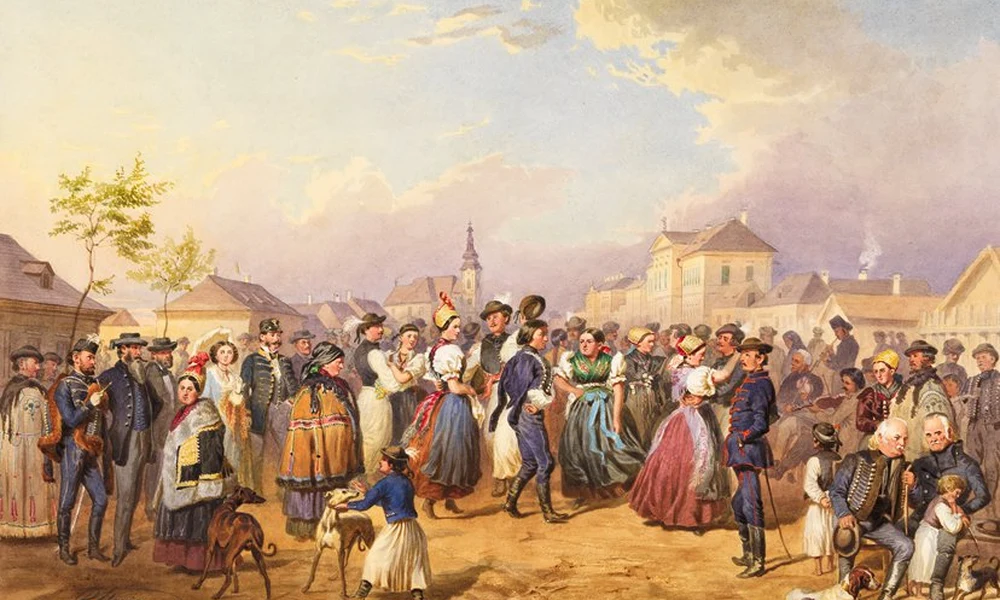 Sterio Károly: Néptánc Jászberényben című festménye 1857-ből. A művet a jászberényi látogatáskor kapta a császári pár.