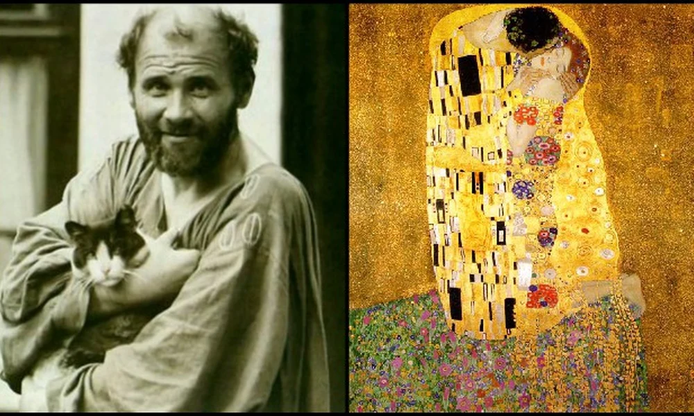 Klimt egy cicával, valamint A csók című képével