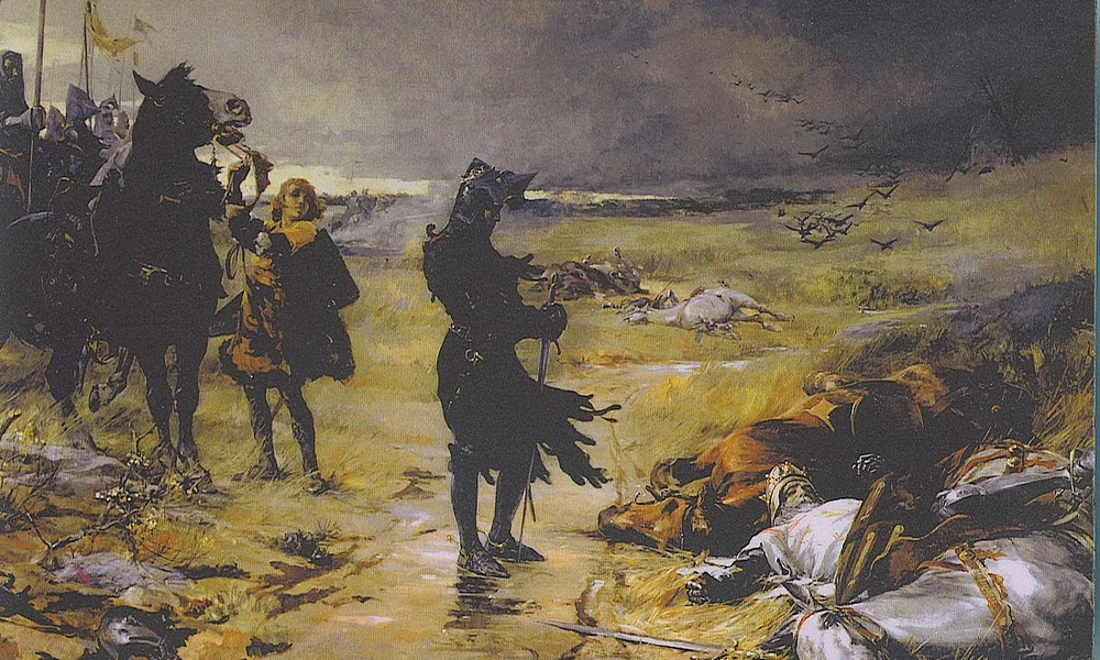 Julian Russel 19. századi festménye az angolok győzelmével végződött Crécyi csatát követő pillanatokat ábrázolja. A Fekete Herceg lábainál a csatában elesett János cseh király holtteste fekszik