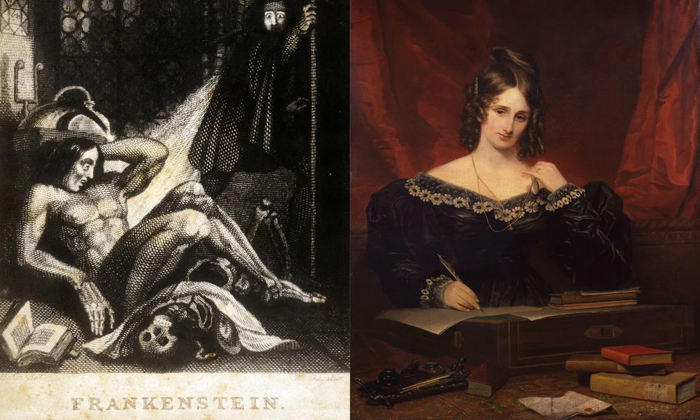 A Frankenstein második kiadásának illusztrációja és a szerző, Mary Shelley