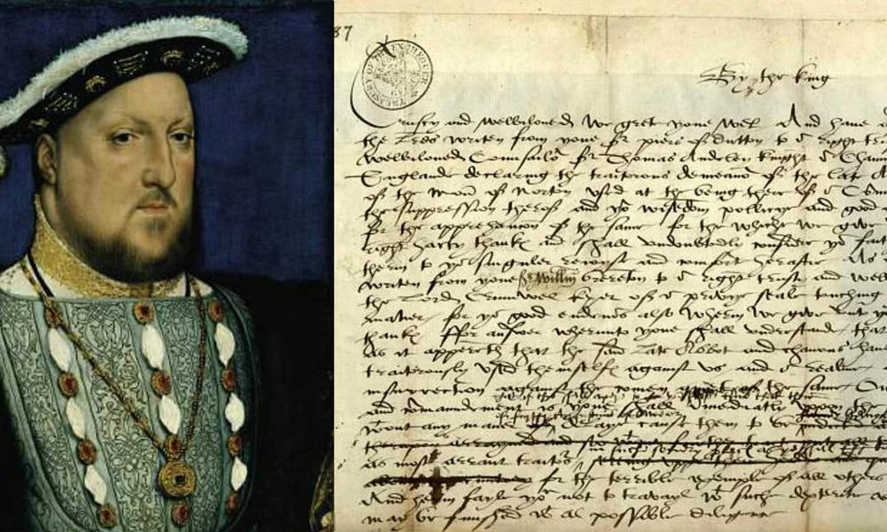 VIII. Henrik és az apát kivégzésére utasítást adó levél, amelynek alsó részén látható az áthúzott szövegrész