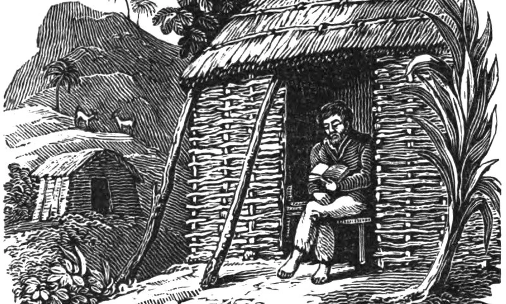 Selkirk Bibliát olvas kunyhójában a lakatlan szigeten