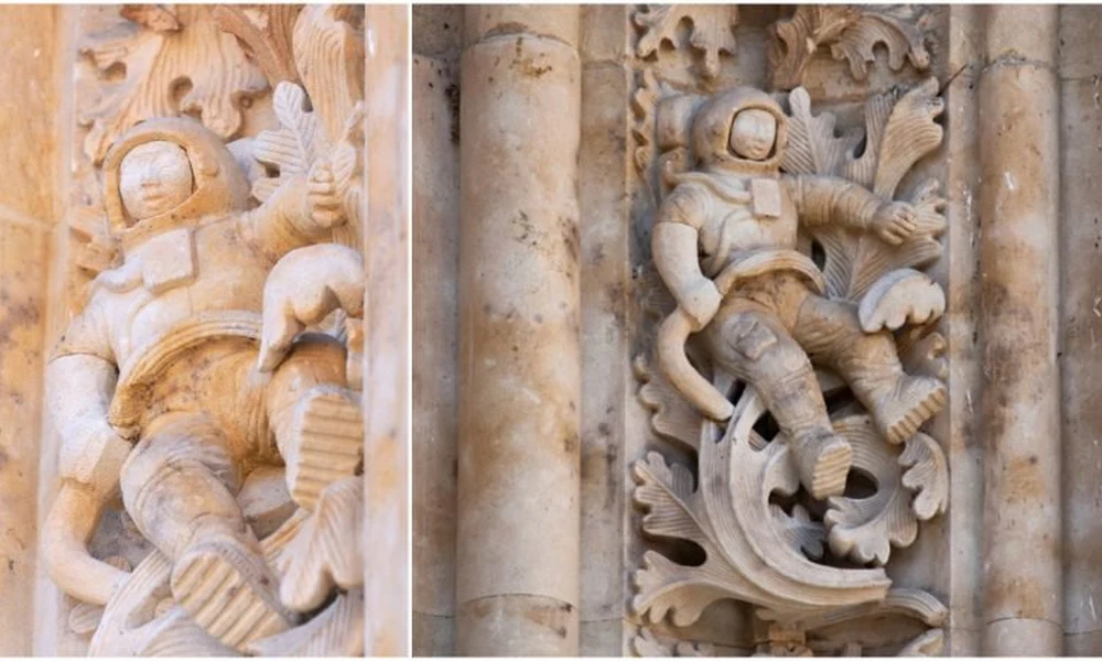 Egy űrhajós a kora újkori Catedral Nueva katedrális faragványán
