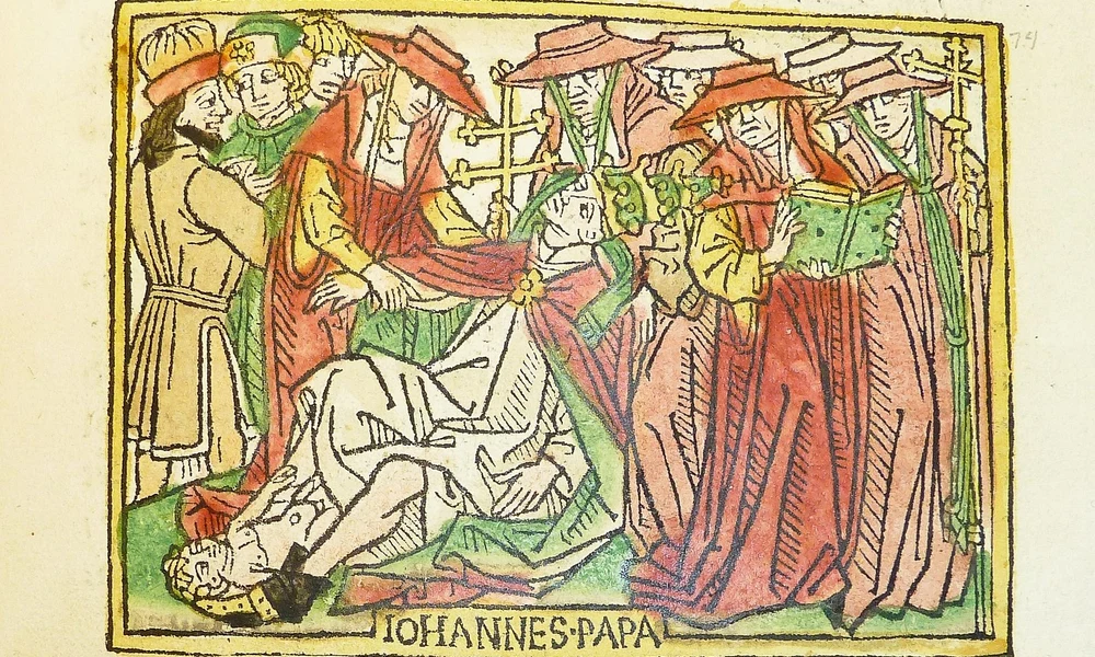 Johanna női pápa gyermeket szül egy 15. századi ábrázoláson