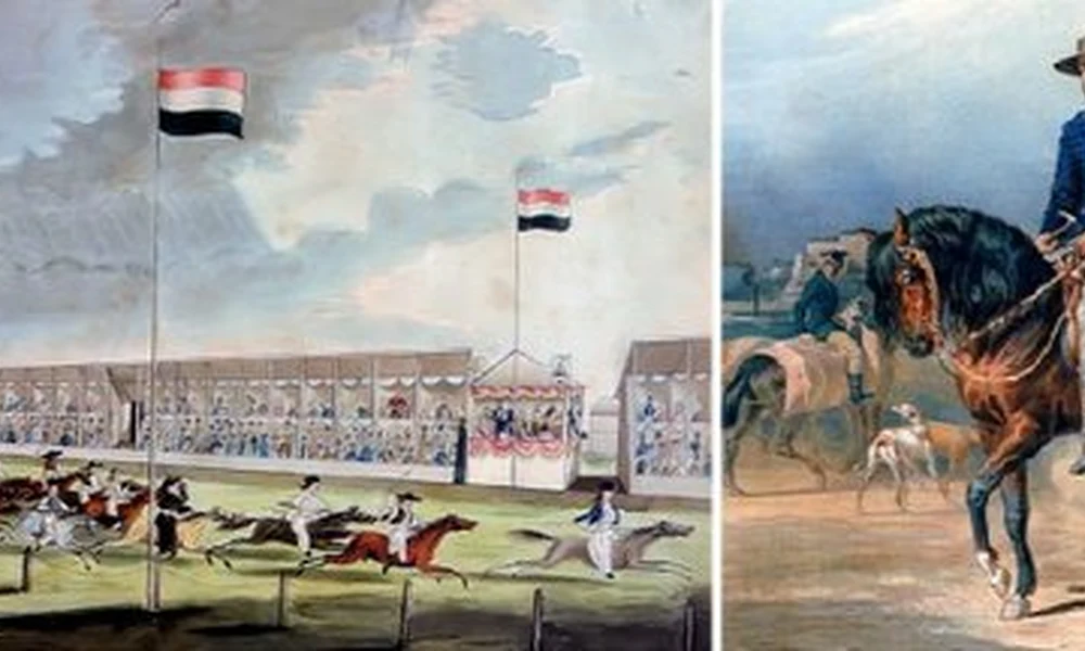 Az 1827-ben rendezett első pesti lóverseny tarka képet mutató mezőnye (balra), jobbra pedig gróf Széchenyi István jellegzetes, kockás lovaglóruhájában