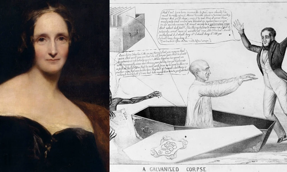 Mary Shelley és egy holttest galvanizálását ábrázoló rajz