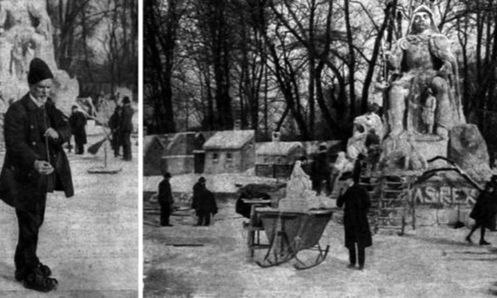 Stróbl Alajos pipájával melengeti magát a Városligeti tó jegén (balról),  jobbról a kép előterében a Mátyás-szobor makettje, mögötte pedig a hatalmas hószobor