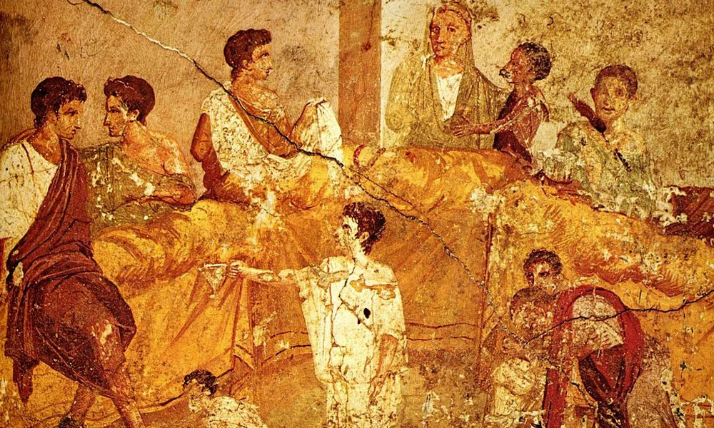 Lakomát ábrázoló falfestmény Pompejiből, a Kr. u. 1. századból