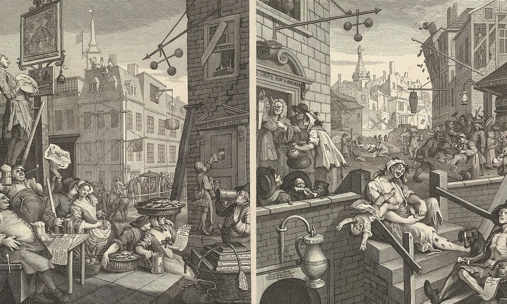 William Hogarth angol festőművész 1751-ben készült rézmetszeteivel, a Sör utca és a Gin köz című alkotásokkal a sörfogyasztásra való áttérésre próbálta ösztönözni az angolokat