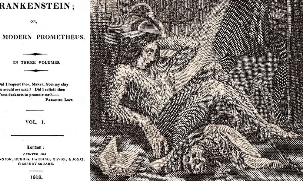 A Frankenstein első, 1818-as kiadásának első oldala és az 1831-es kiadás egyik ábrája