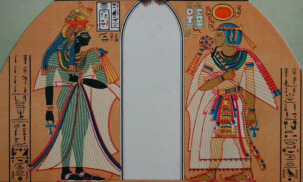 Amenhotep (jobbra) és anyja, Ahmesz-Nofertari egy sztélén