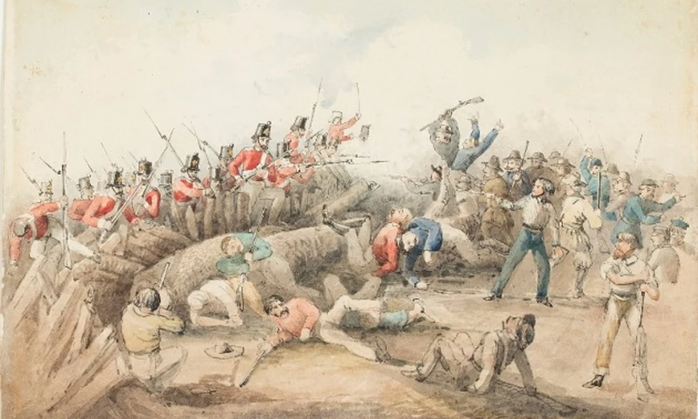 Az Eureka Stockade felkelés ábrázolása John Black Henderson 1854-ben készült festményén