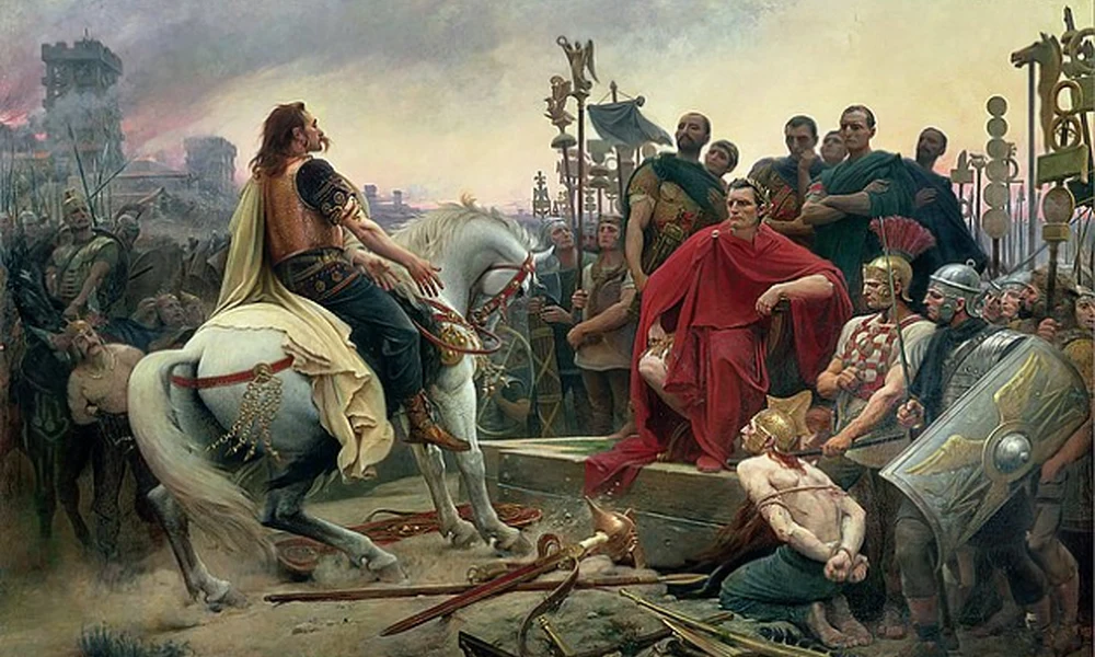 Vercingetorix gall uralkodó leteszi a fegyvert Julius Caesar előtt, Lionel Royer festménye 1899-ből.( Musée Crozatier, Le Puy-en-Velay, Franciaország)