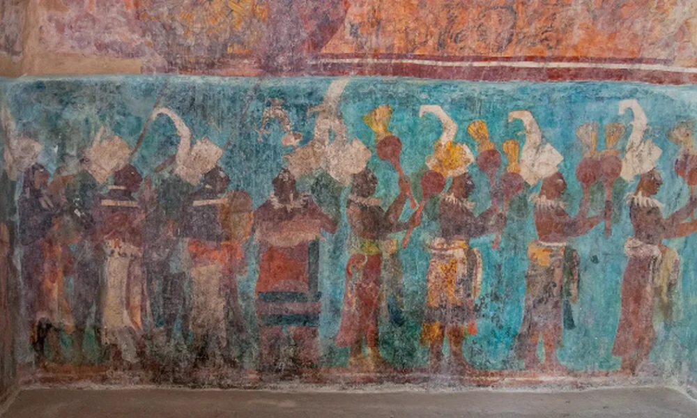 A mexikói Bonampak falfestménye maja kék háttérrel (Forrás: Wikipedia / Ricardo David Sánchez / CC BY-SA 3.0)