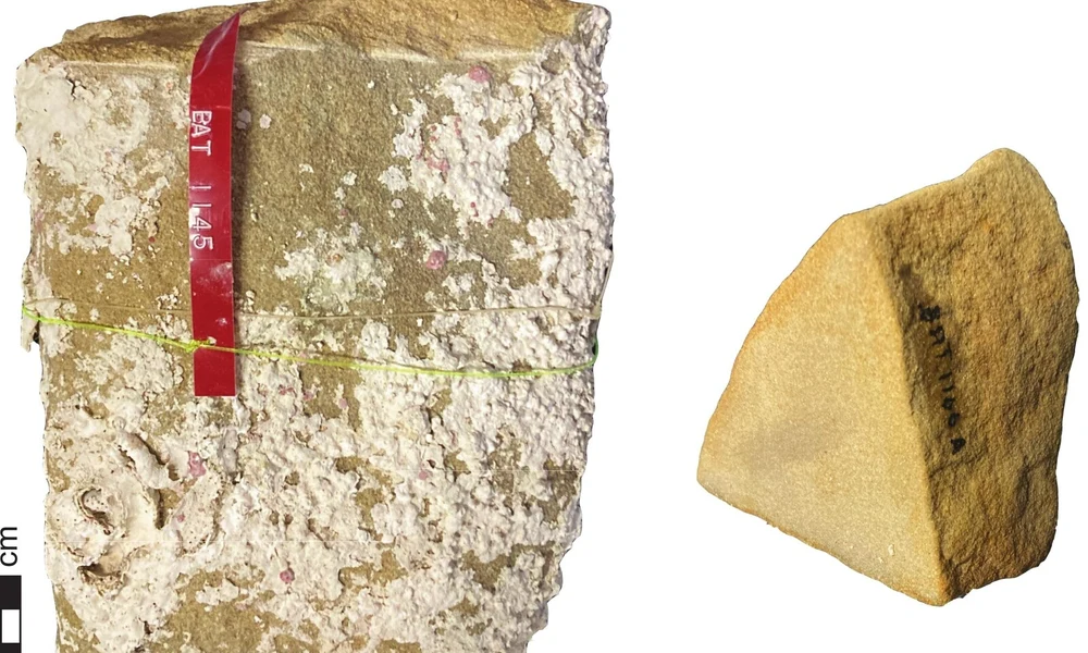 A tanulmányban elemzett Batavia-hegységből származó homokkőtömbök (BAT1145 és BAT1166A) fényképei
