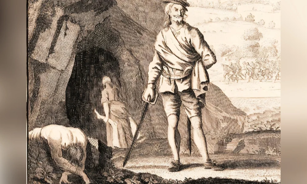 Sawney Bean és felesége a galloway-i barlangjuk előtt. Isaac Basire rézkarc-illusztrációja Captain Charles Johnson 1734-es könyvéből