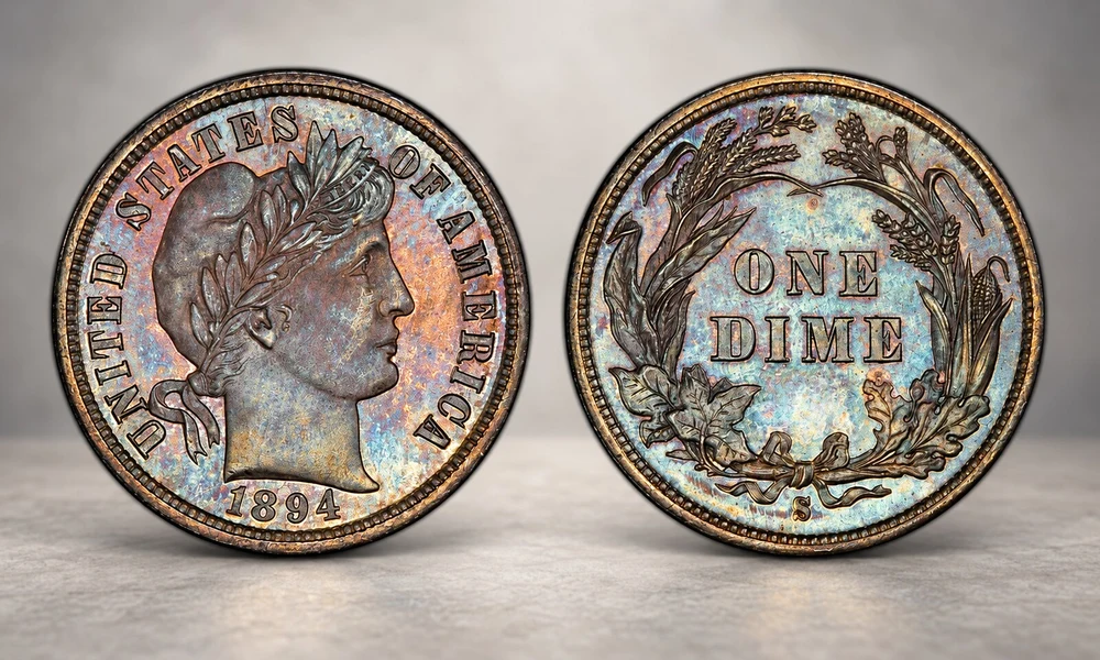 Az 1894-S Barber dime elő- és hátlapja. A San Franciscó-i pénzverdében mindössze 24 példány készült a tízcentesből, amelyek közül ma kilenc ismert.  
