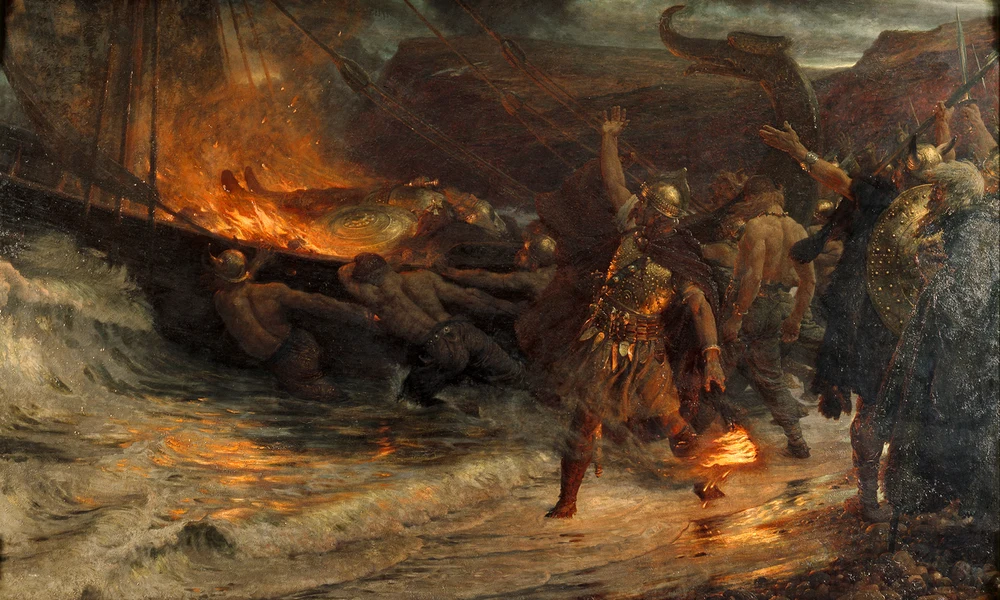 Frank Bernard Dicksee: Egy viking temetése, 1893. A romantikus festmény a lángoló halotti hajó máig népszerű képét örökítette meg