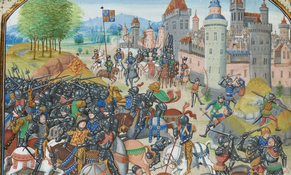 A Neville's Cross-i csata jórészt fiktív, 15. századi ábrázolása Froissart krónikáiból (Forrás: Bibliotheque Nationale de France)