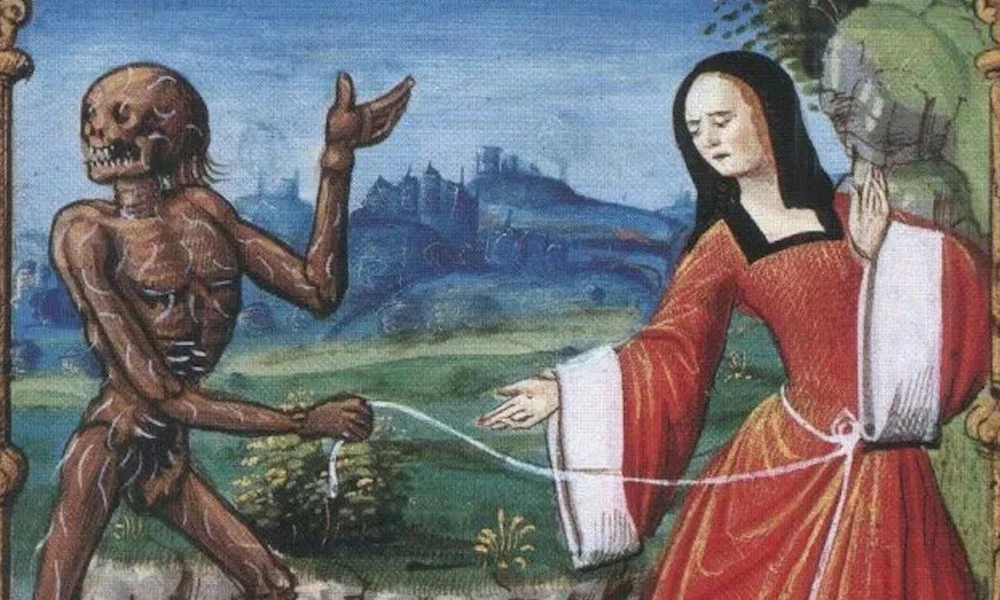 Egy illusztráció a Danse Macabre des Femmes (kb. 1500) című kéziratból, amely a halál csontvázszerű megszemélyesítését ábrázolja, amint egy nőt a sírjába vezet. Fotó: Francia Nemzeti Könyvtár