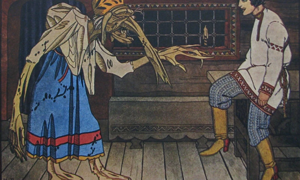 „Baba Jaga.” Illusztráció a „A három cári díva és Ivaska, a pap fia meséje” című műhöz. I. Bilibin. Grafika. 1911. Fotó: Wikipedia