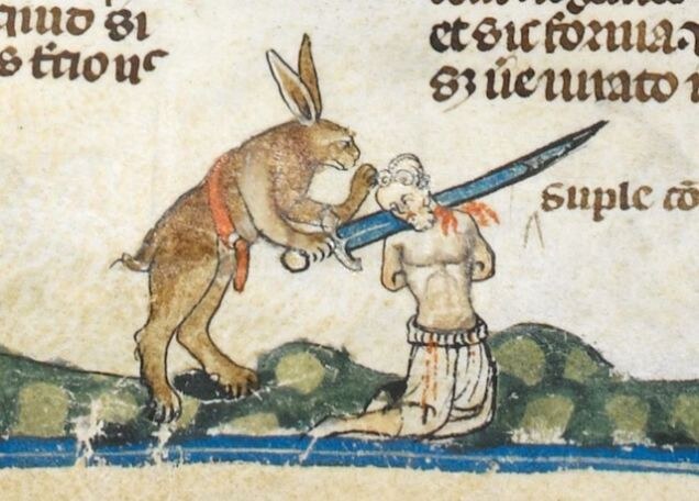 Gyilkos nyúl egy francia nyelvű 14. századi kéziratban. (British Library, London)