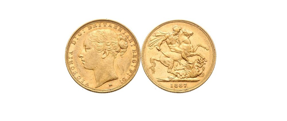 1 font (sovereign), 1887. Az érem előlapján Viktória királynő profilból ábrázolt arcképe, hátoldalán pedig Szent György és a sárkány küzdelme látható.