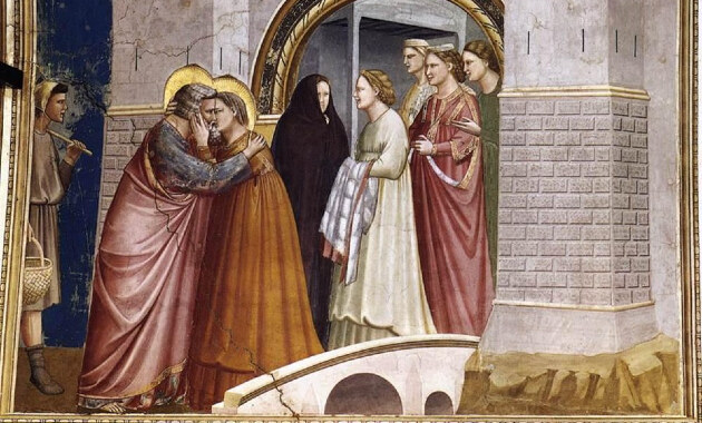 Az angyali üdvözletet követően a jeruzsálemi Aranykapunál találkozott Anna és Joachim. Giotto de Bandone Padovában látható freskója e boldog pillanatot ragadta meg. (Forrás: Wikipédia / Közkincs)