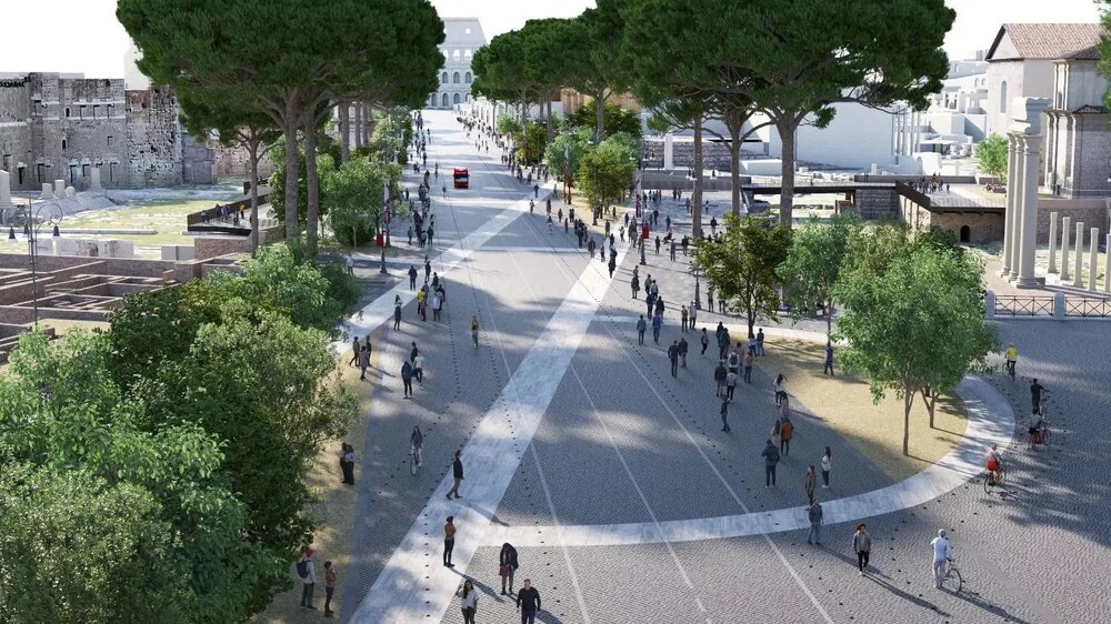 A Via dei Fori Imperiali látványterve a Colosseum felé néző irányból