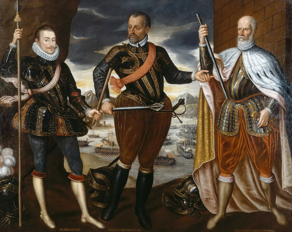 Lepantói győztesek, Ausztriai János, Marcantonio Colonna és Sebastiano Venier (névtelen olajfestmény, kb. 1575, korábban az Ambras kastélyban, ma a bécsi Kunsthistorisches Museumban volt látható) Kép: Wikipedia/Kunsthistorisches Museum
