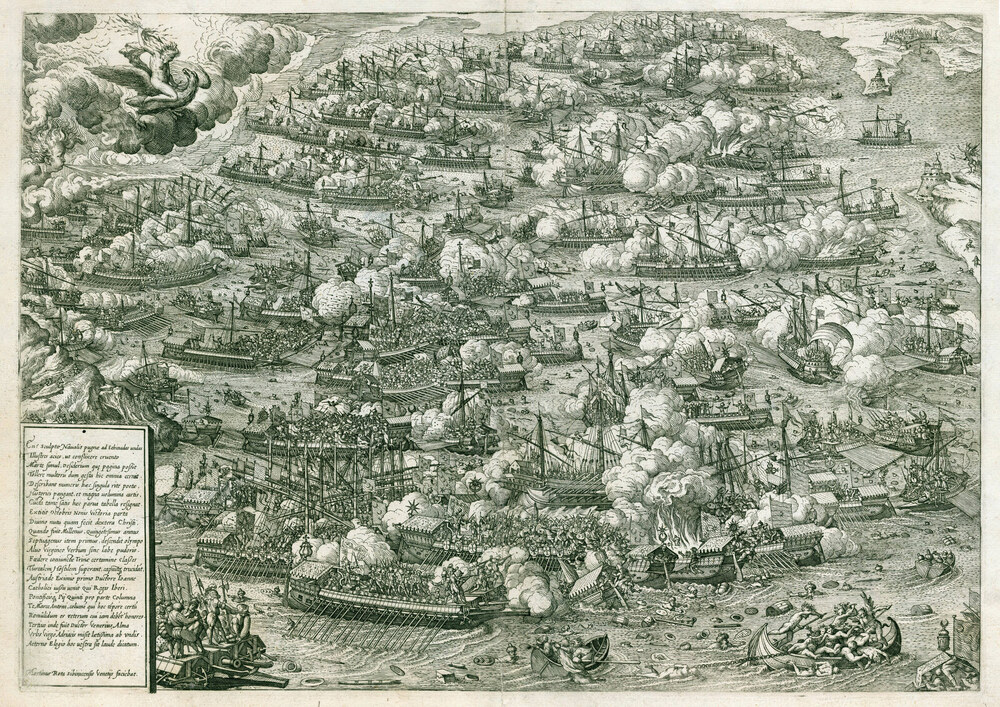 Lepantói csata, Martin Rota, 1572-es nyomtatvány, Velence, Kép: Wikipedia/By Martin Rota Kolunic (Martinus Rota) c. 1540-1583 - Current version: Newberry Digital Collections (Newberry Library)Originalversion: Real Academia Española