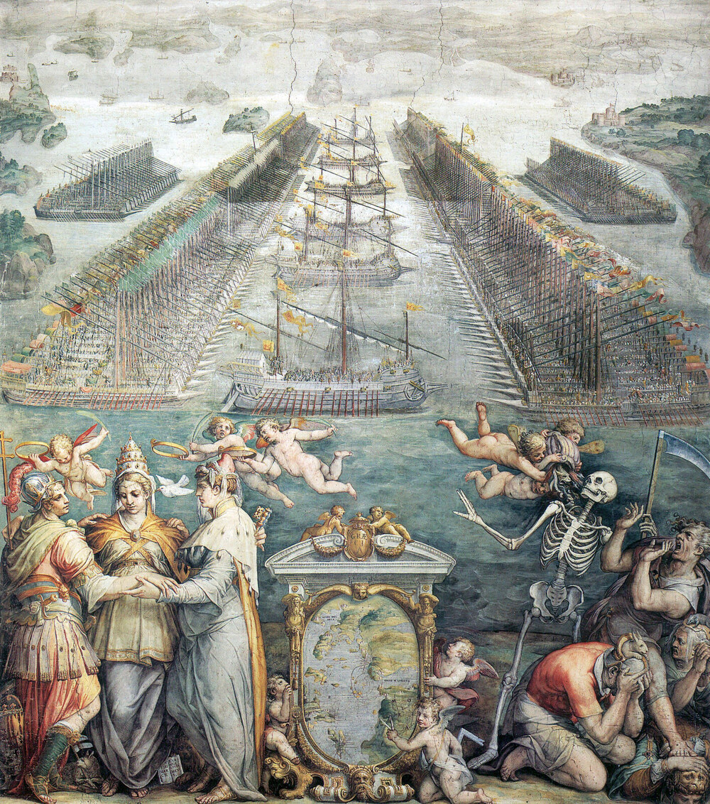 A két flotta csatarendje, előtérben a Szent Liga három hatalmának allegóriájával, Giorgio Vasari freskója (1572, Sala Regia) Kép: Wikipedia - Zeno.org