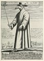 „A római Csőr doktor” ábrázolása 1656-ból. Az úgynevezett „pestisdoktorok” dolga főleg a lezárt városrészek lakosságának számontartása, és nem a betegség gyógyítása volt (kép forrása: Wikimedia Commons)