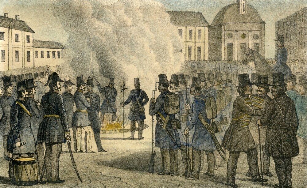 Kossuth bankókat égetnek 1849. október 18-án
