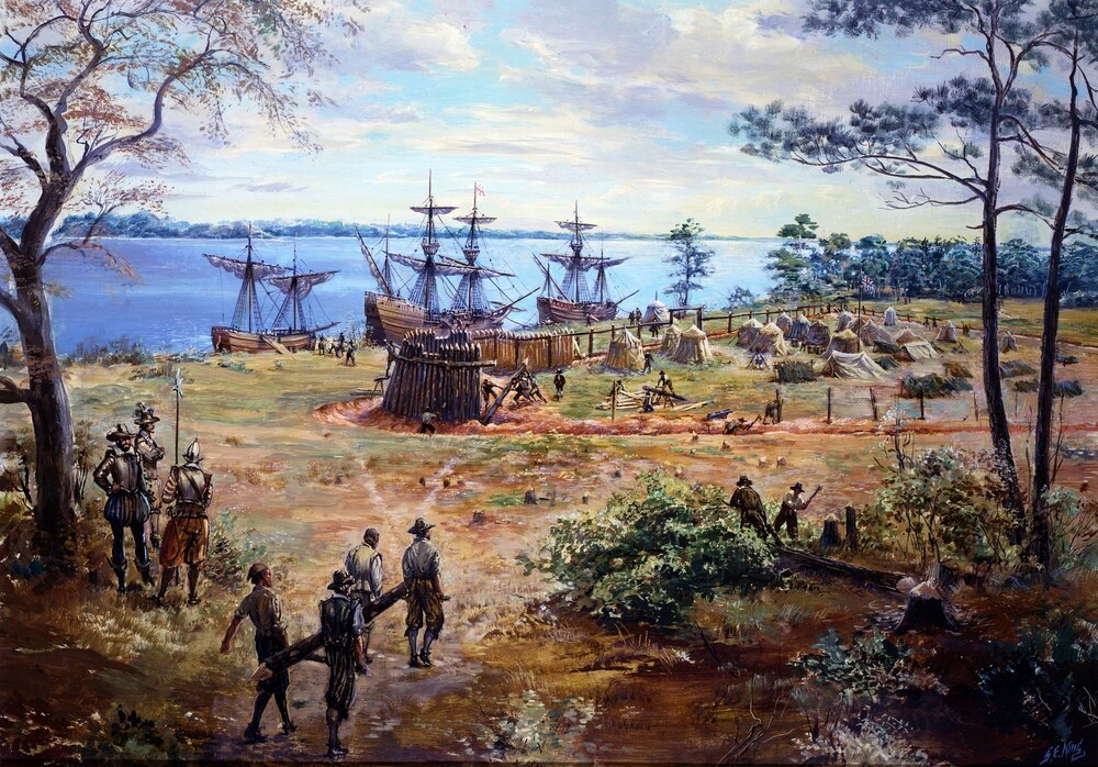 Telepesek építik Jamestown falait.