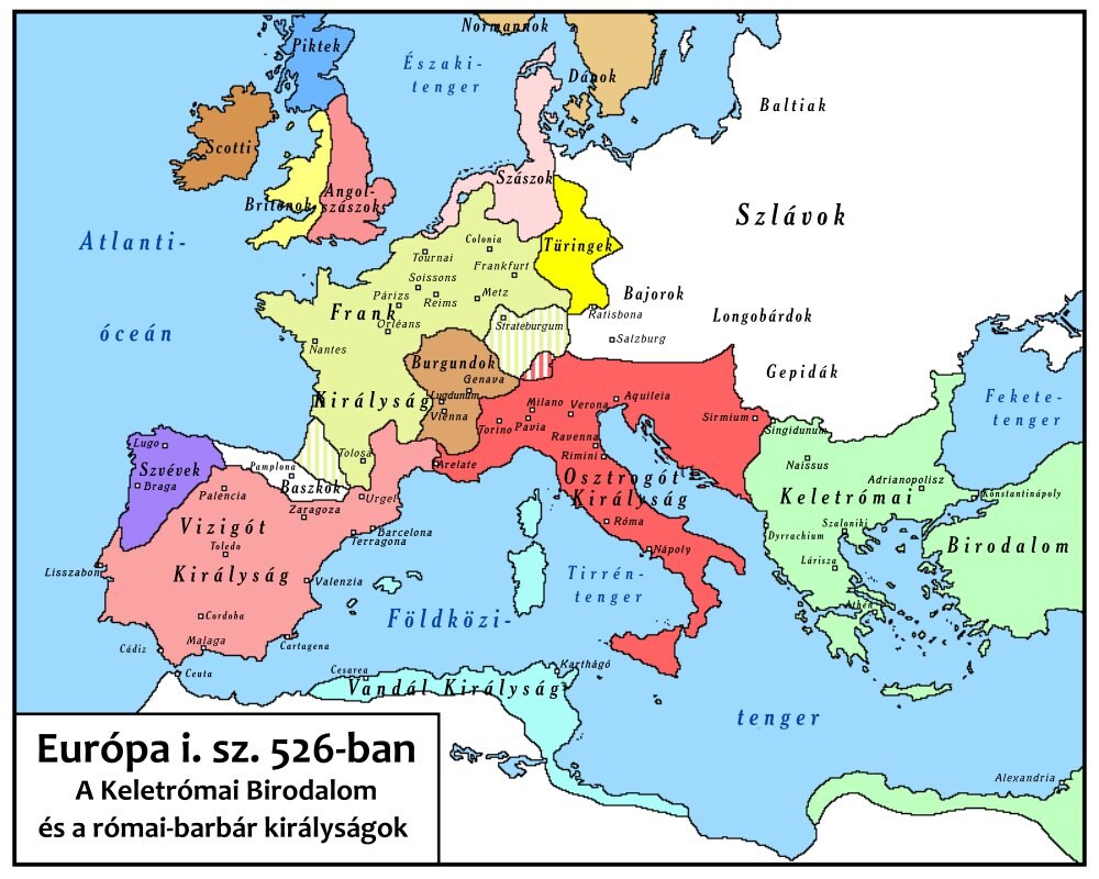 A barbár királyságok térképe 526-ból, hét évvel azelőtt, hogy Justinianus megkísérelte volna visszafoglalni a területüket.
