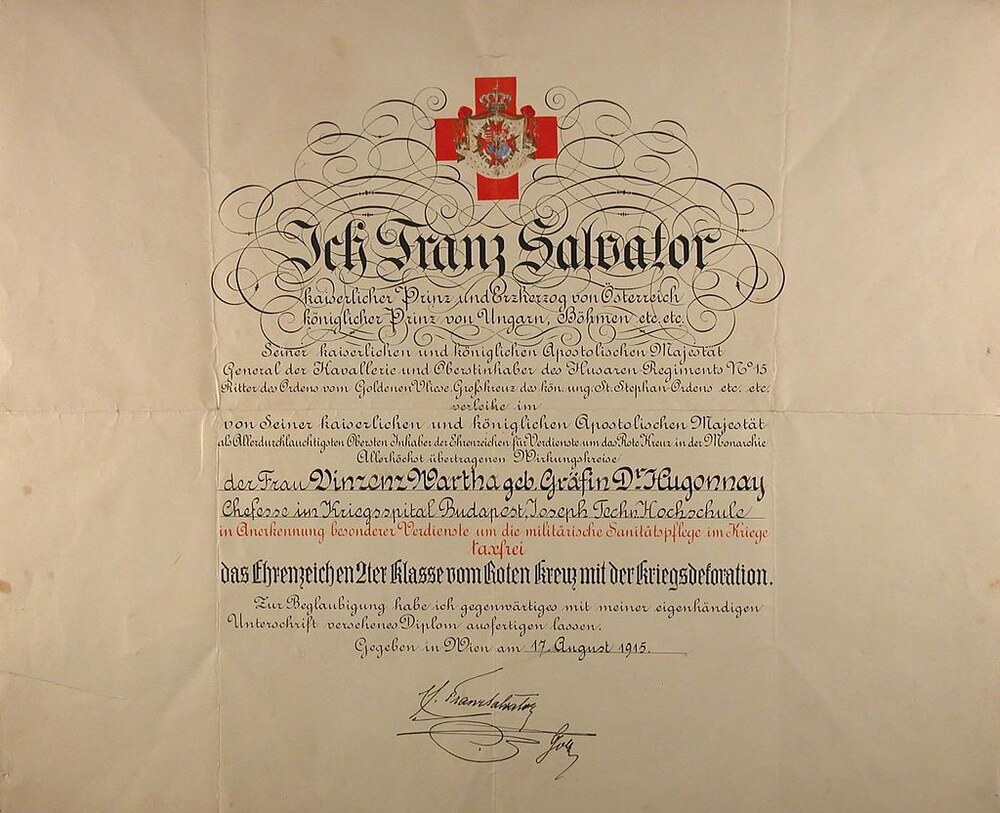 Hugonnai Vilma katonaorvosi díszoklevele, Bécs, 1915