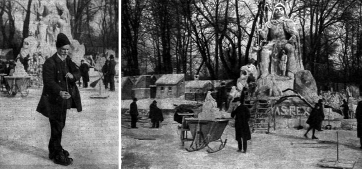 Stróbl Alajos pipájával melengeti magát a Városligeti tó jegén (balról), jobbról a kép előterében a Mátyás-szobor makettje, mögötte pedig a hatalmas hószobor.