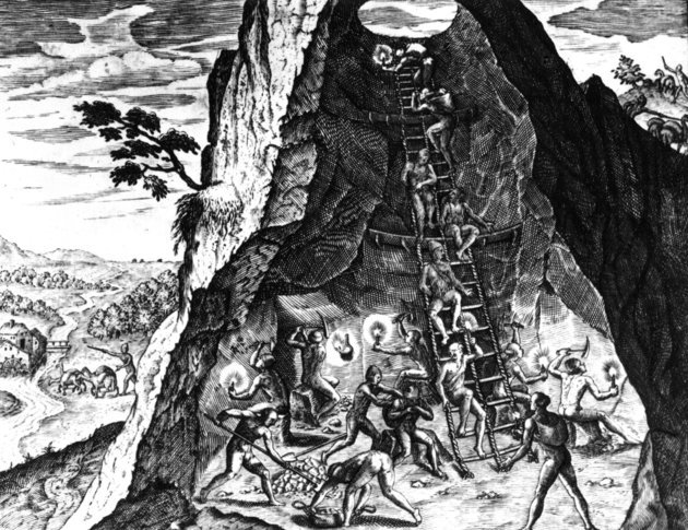 A mai Bolívia területén lévő Potosí ezüstbányái Theodore de Bry metszetén